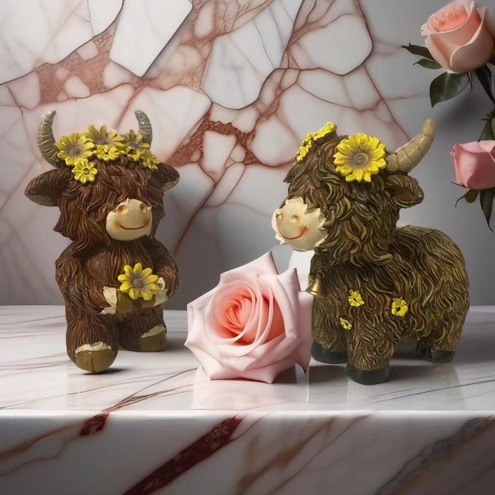 Decorative Highland Cow Statue Resin Animal Sculpture Ornament Home Decor Cow Figurine  Farmhouse