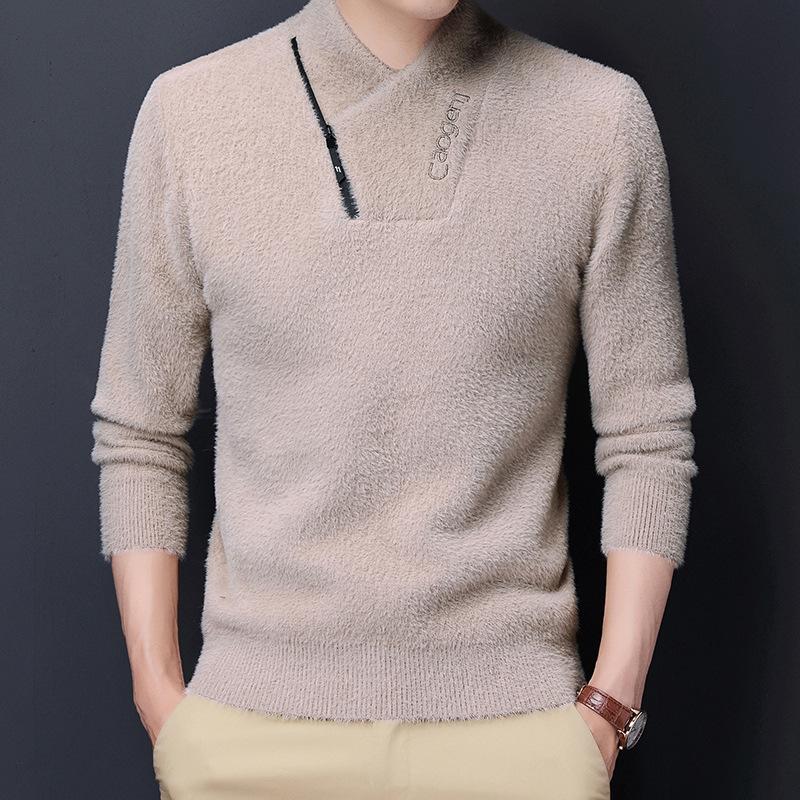 

Мужская трикотажная рубашка, пуловер, футболка из искусственного норкового флиса, средний синий осенне-зимний теплый свитер из искусственного норкового флиса