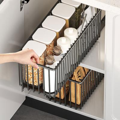 Retractable Storage Basket For Home Organization Ideal For Kitchen Cabinets And Bathroom Shelves Carbon Steel Design