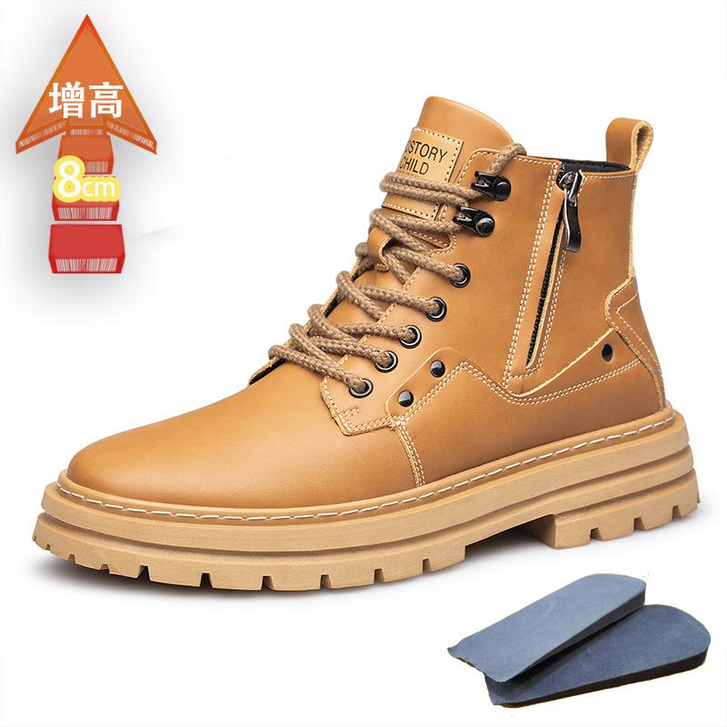 Autumn and winter trend cowhide Martin boots high-top tooling British style invisible inner heightening thick-soled lace-up tooling boots men's boots