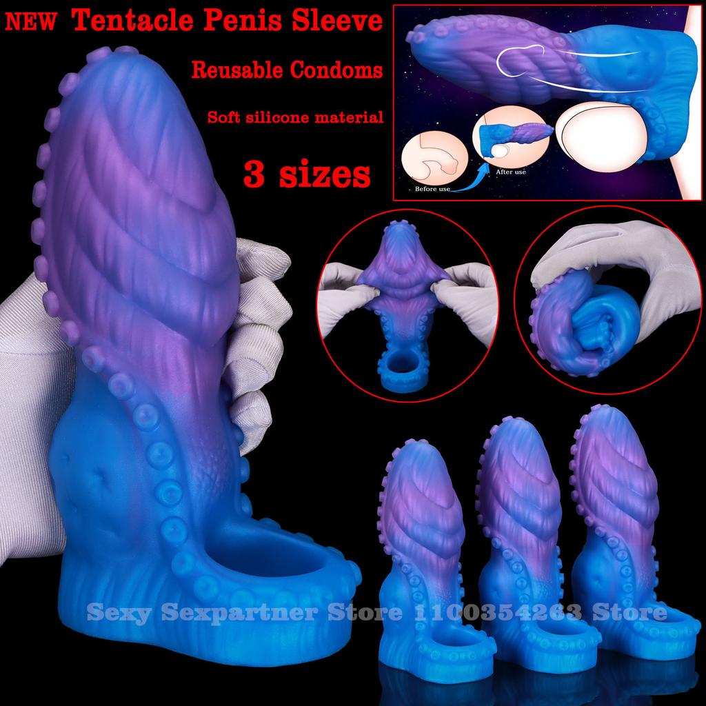 Silicone Tentacle Penis Sleeve Soft Reusable Dildo Condoms Penis Extender Enlargement Delay Ejaculation Sextoy For Men Cock Ring