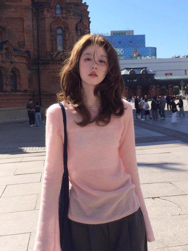 Chic Flare Sleeve Slim Fit Long Sleeve T-shirt - Autumn Solid Color Casual Top for Girls