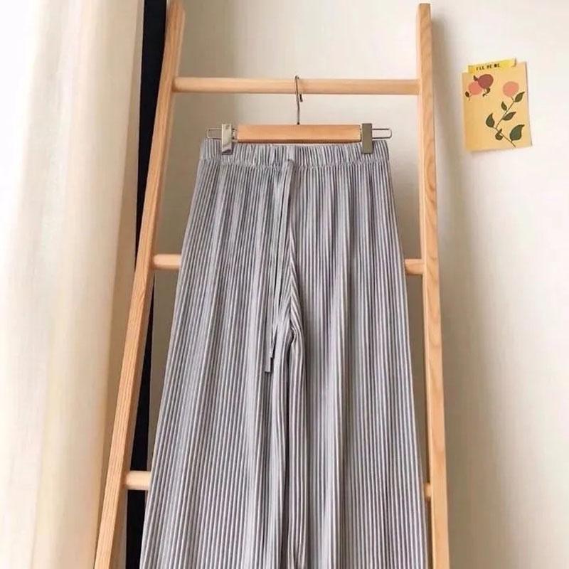 Sommer Plissee Eisseidenhose für Damen Einfarbig Elastischer Bund Locker Weites Bein Hose Damen Casual All-Match Chiffonhose