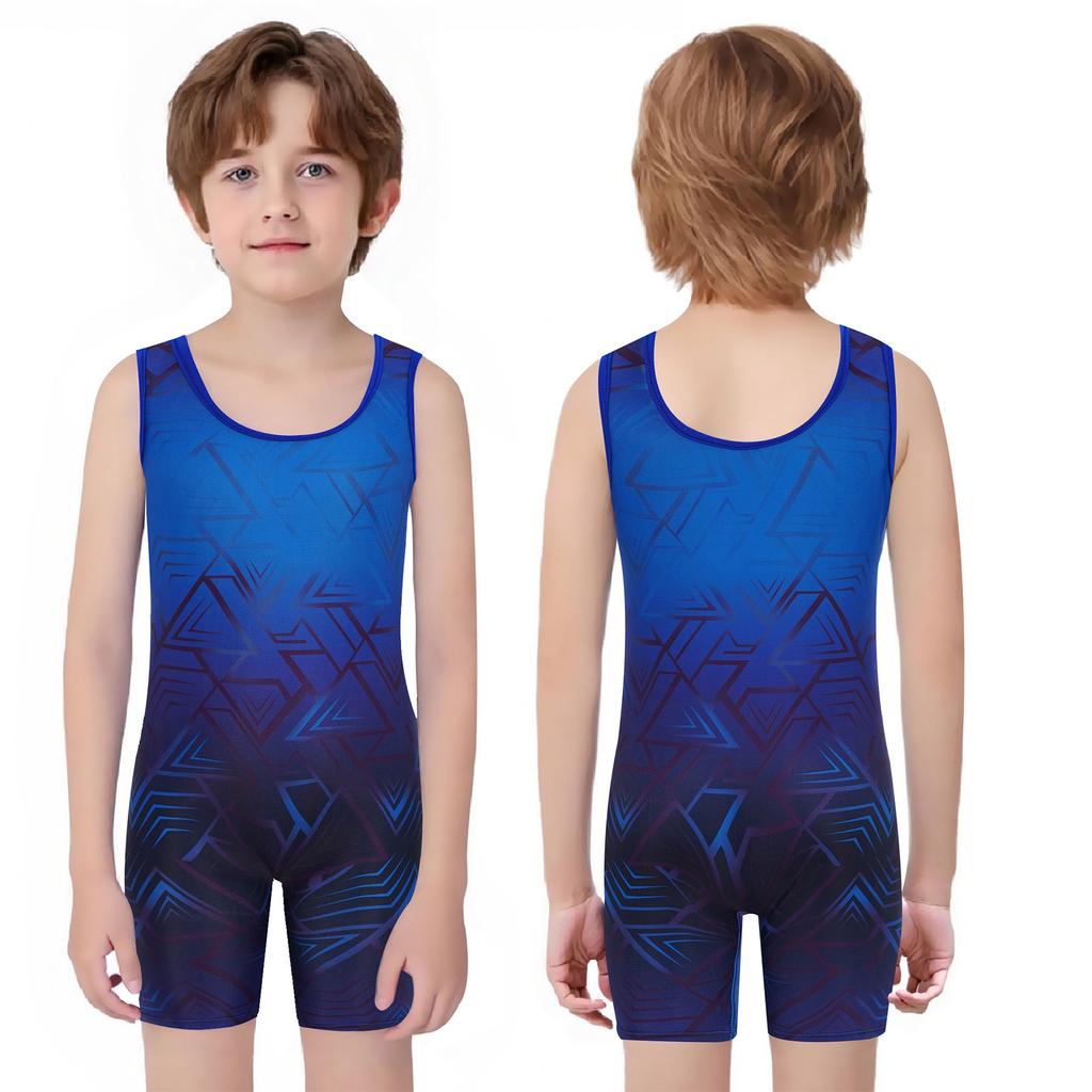 Boys Cycling Workout Bodysuit: U Neck Sleeveless Geometric Print Singlet for Wrestling Exercise Training