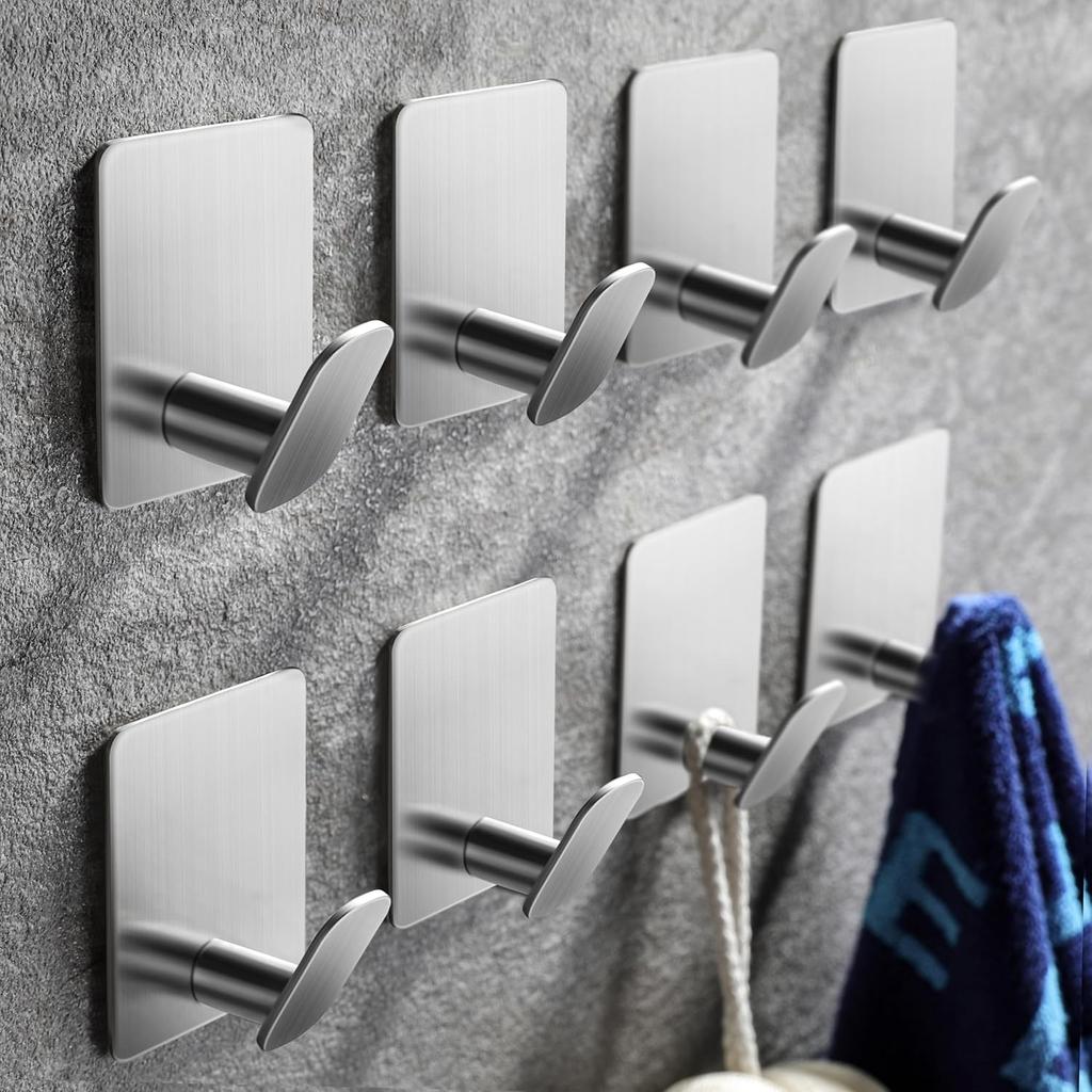 8 Pack Adhesive Towel Hooks - Bathroom Towel Hooks/Wall Hooks for Hanging Coat Robe Stick On Bathroom or Kitchen Matte Black Stainless Steel