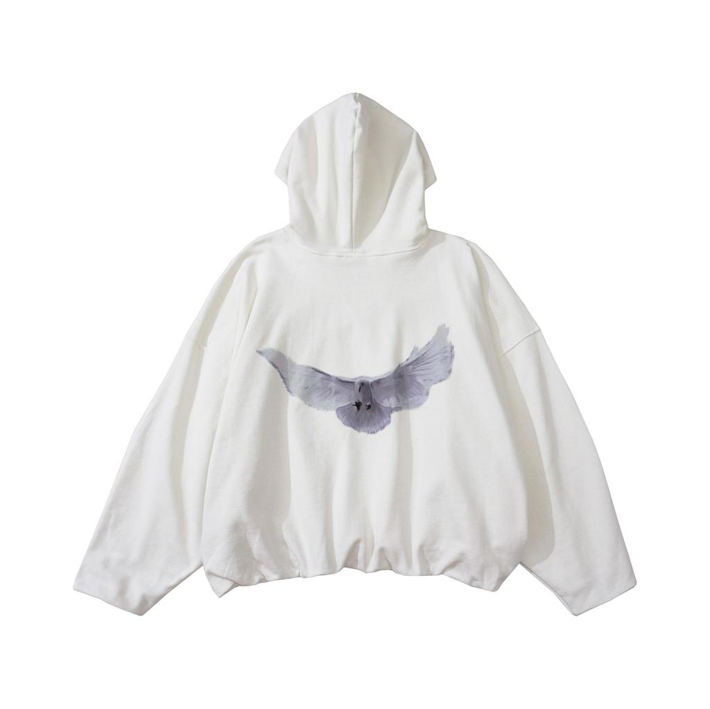 INS HYPE FIVE Kanye West Style Double-Layer Hooded Sweatshirt with Pigeon Print and Cotton Padding