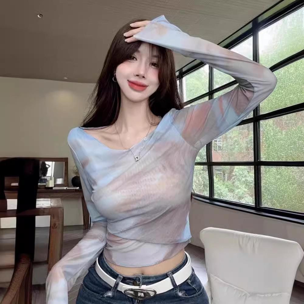 Damen Batik Unregelmäßiges Slim-Fit Langarm Crop Top