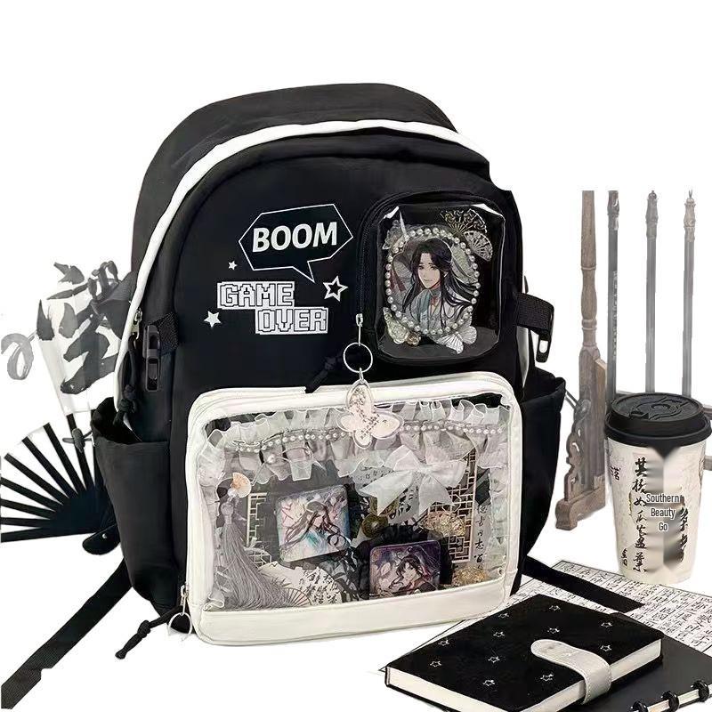Großes Kapazitäts-Anime-Ita-Rucksack für Mittelschüler - Transparentes Knopfdesign