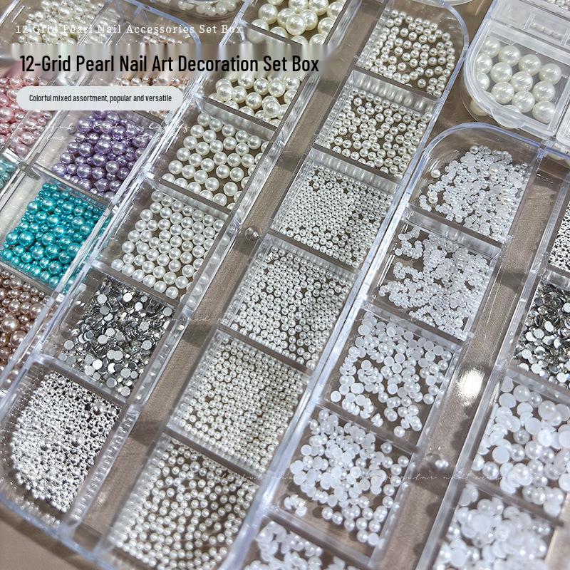 12 Grids Colorful Pearl Nail Art Decorations: Mixed Size White Pearls, Full & Half Round
