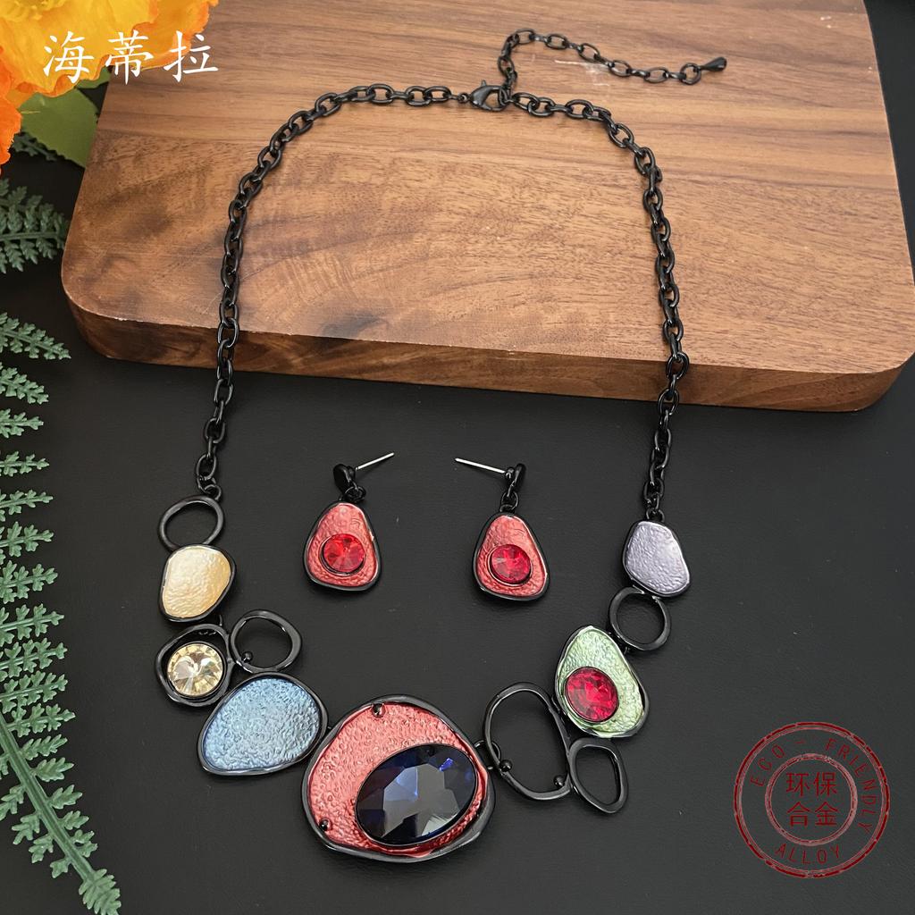 Luxury Hot Sale Color Oil Irregular Oval Necklace Earrings Set Fashion High Sense Ladies Set Gift