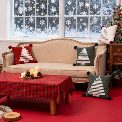 Față de pernă decorativă cu model brad de Crăciun cu pompon și franjuri, Față de pernă stil rustic