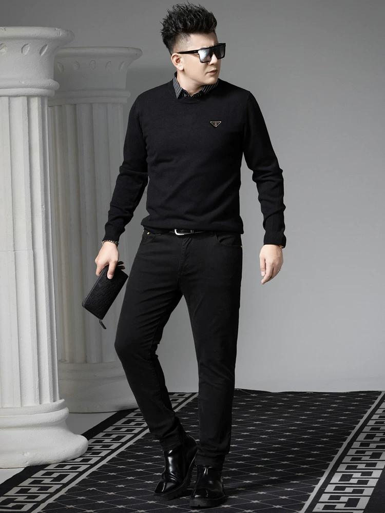 European Men's Autumn and Winter Warm Knit Sweater Casual Fake Two-Piece Knitwear Trendy Badge Crew Neck Sweater for Men