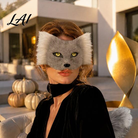Comfy Fluffy Masque for Parties DIY Therian Kit Plush Furry Fox/Cat Animals with Realistic Fox Tail Eye Mesh Christmas Halloween Masquerade Cosplay