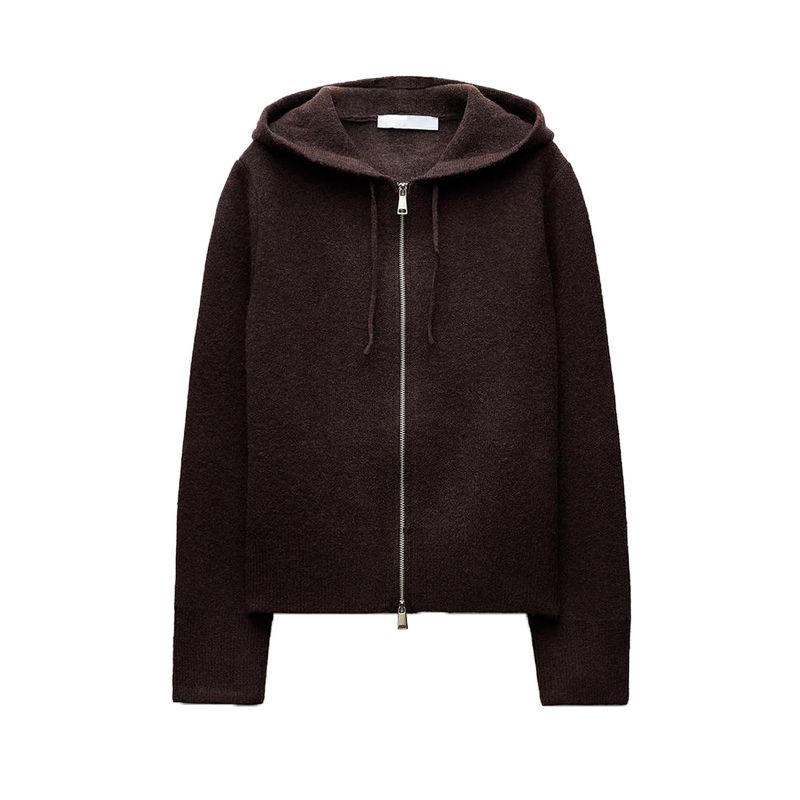 

Spring New Women s Clothing Idle Style Double Zipper Easiest for Match Minimalist Hooded Long Sleeves Plain Stitch Sweatshirt 5755001 Dark brown L