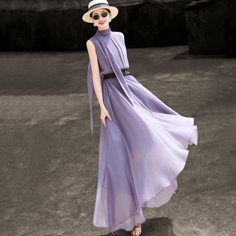 Lanseer 2026 French Style Belted Chiffon A-Line Dress XL фиолетовый