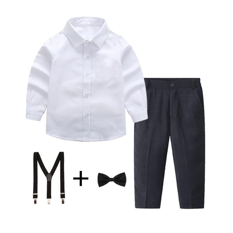 Boys' White and Blue Long-Sleeved Shirt & Black Long Pants Set Performance Costume