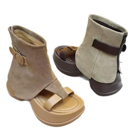 Retro thick-soled heightening trouser boots women's cool boots summer fashion casual herringbone sandals open-toed sandals short boots