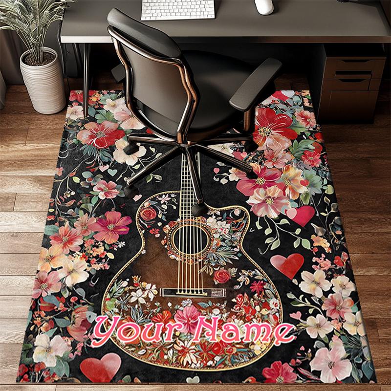 1PC Custom Name Floral Guitar Artwork Theme Floor Mat Ideal for Living Room, Game Rooms, Office, Bedroom Floor Mat Playful Design