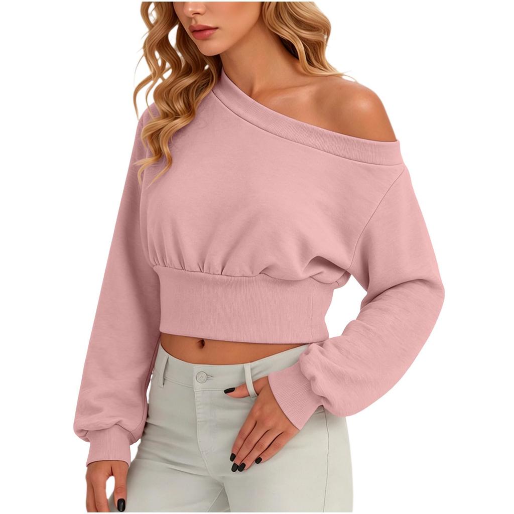 Women's Fashion Off-Shoulder Long Sleeve Color Hoodie Sweatshirt Casual Top for Everyday Wear