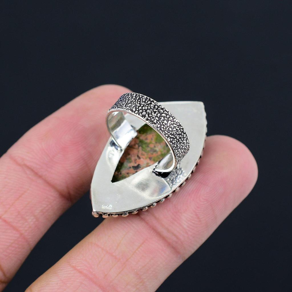Natural Unakite Gemstone Solitaire Green Ring Size 6 925 Sterling Silver Jewelry