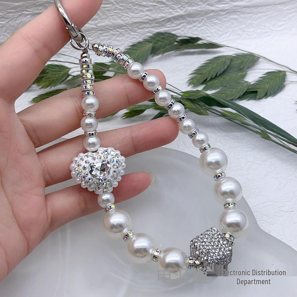 Laccetto da Polso e Cordino per Cellulare con Perle e Cuore d'Amore Pieno di Diamanti