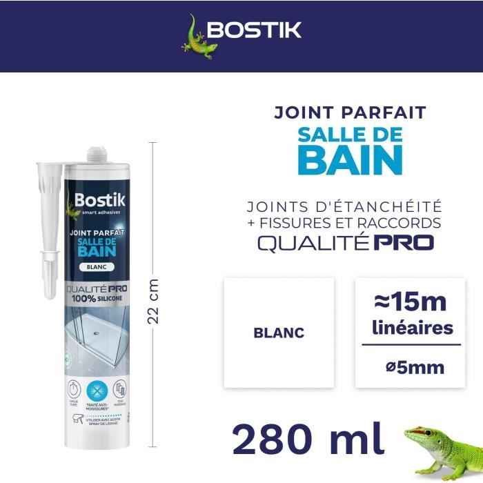 Mastic Salle De Bain - BOSTIK - Joint Parfait - Étanchéité Silicone - Anti Moisissures - Blanc - 280 Ml