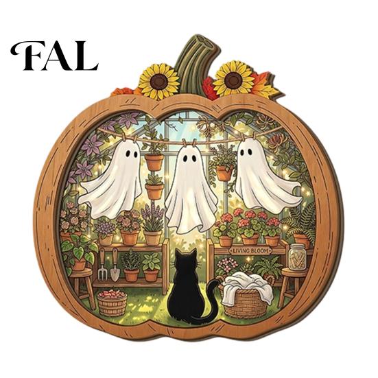 Whimsical Ghost Book Nook Halloween Wooden Tabletop Ornament, 2D Flat Cute Reading Bathing Fall Harvest Home Decoration Watering Plaque with Stand for