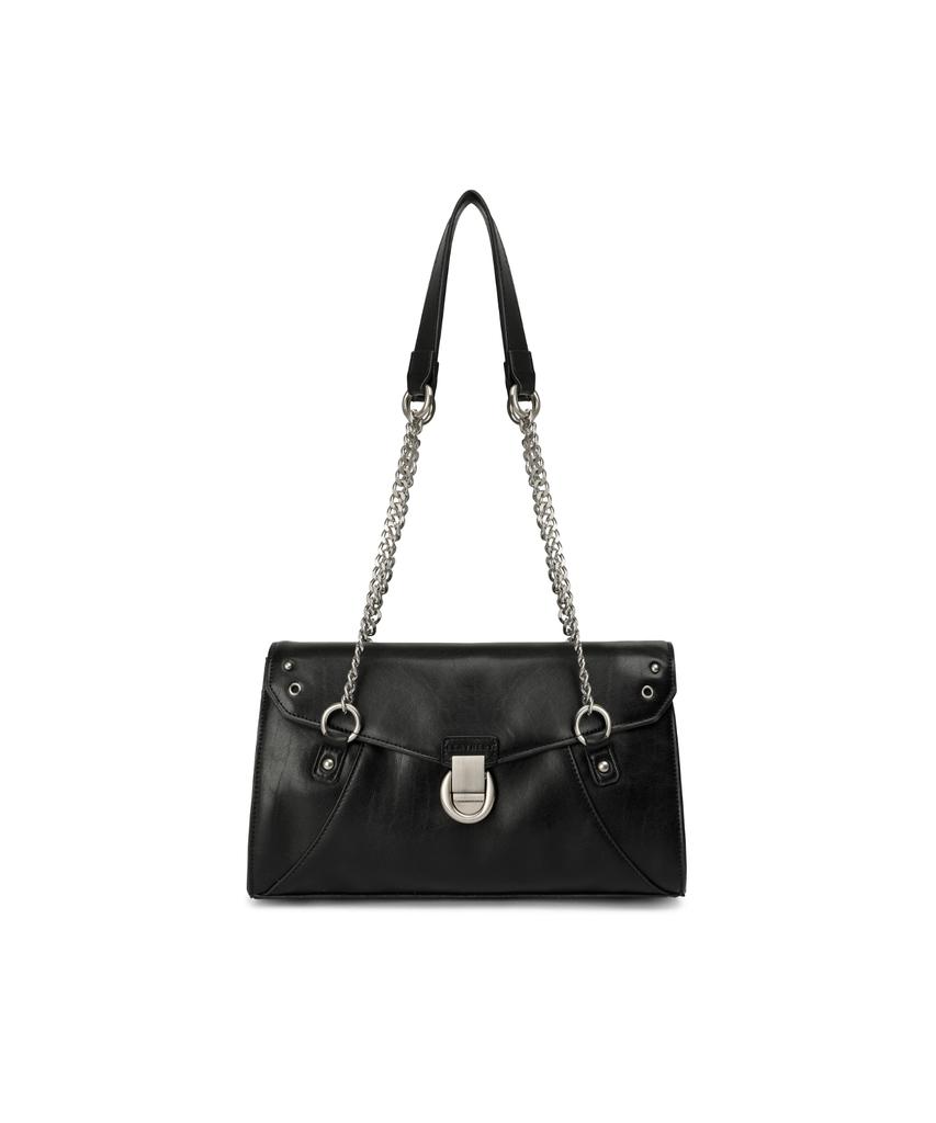 Leathery Messenger Chain Shoulder Bag [Black]