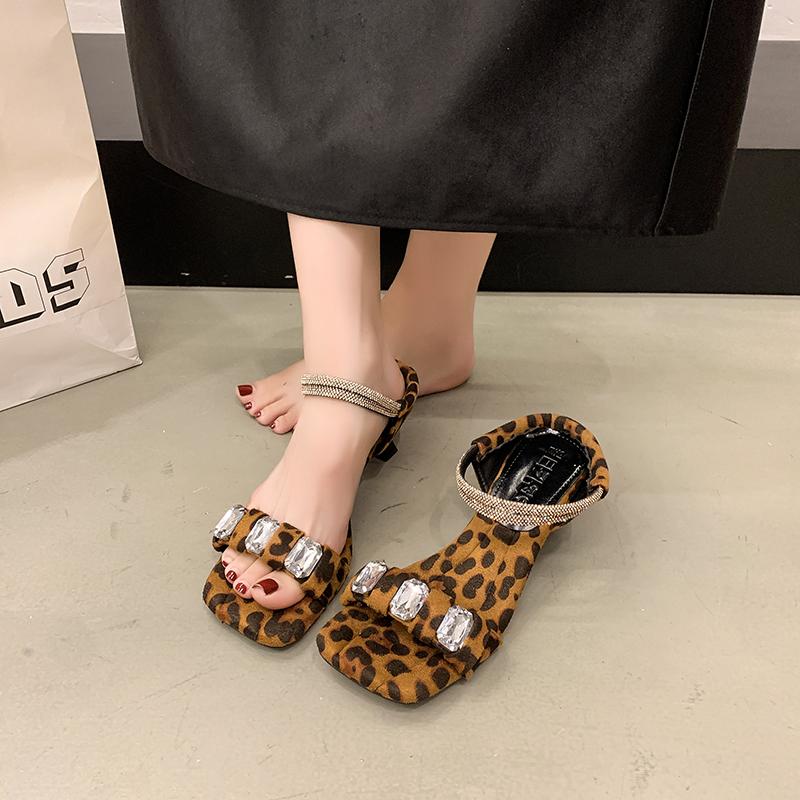 New Style Slippers Summer Square Head Shallow Mouth Crystal Metal Buckle Transparent Strap Non-slip High-heeled Sandals