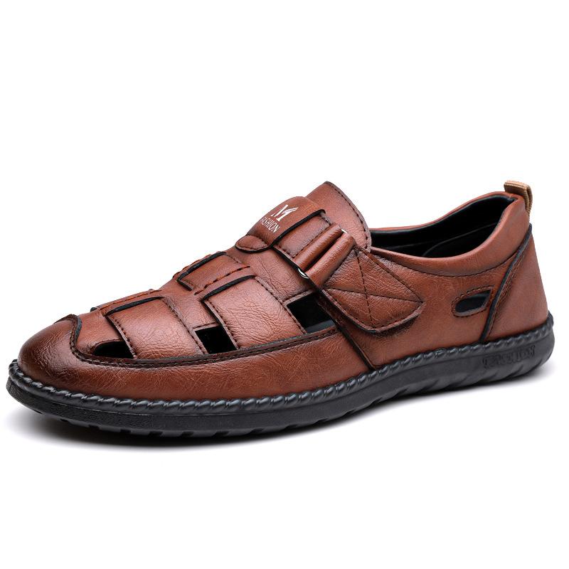 New leather sandals hollow men's hole shoes Velcro one-pedal dad shoes daily versatile casual shoes men