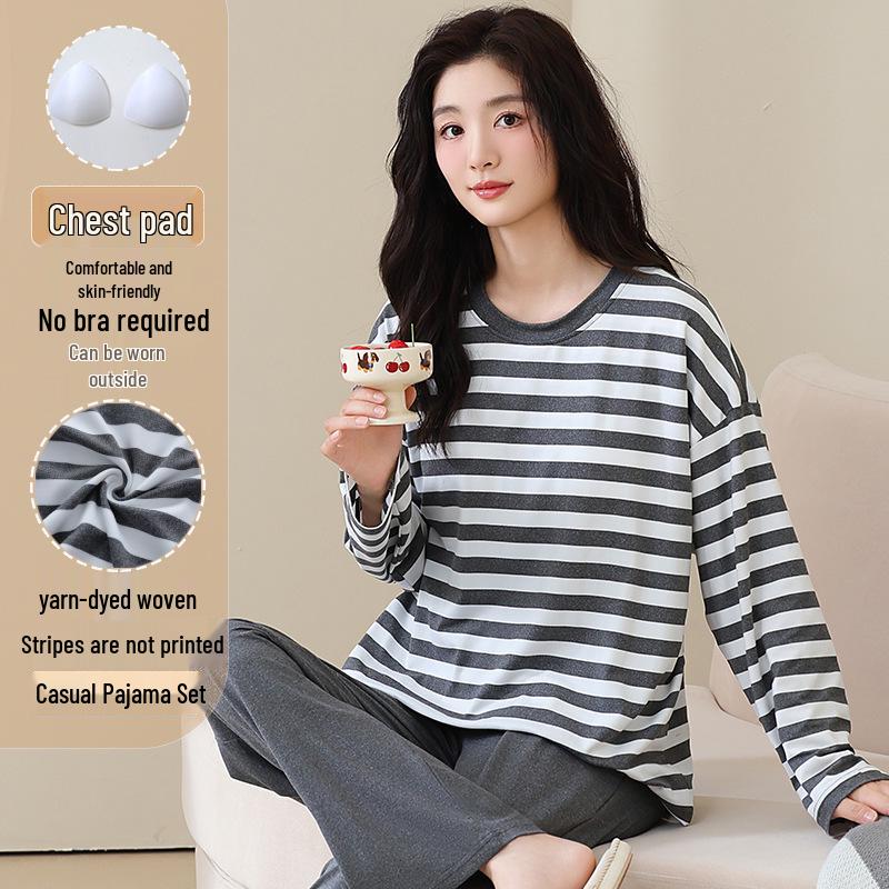 Pyjama d'automne pour femme à col rond rayé à manches longues avec coussinets de poitrine - Ensemble décontracté grande taille pour la maison et l'extérieur