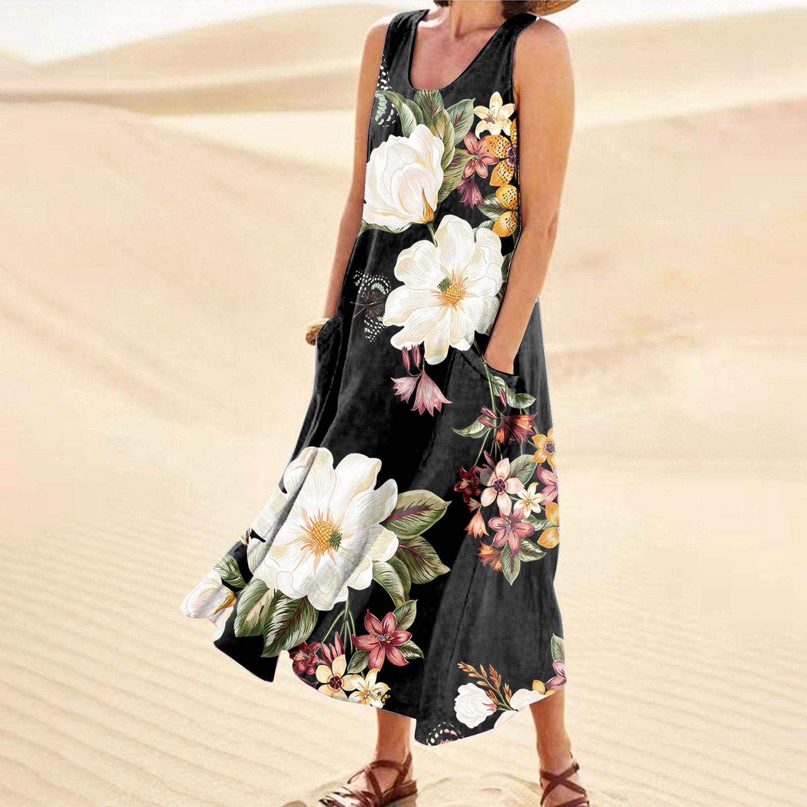 

Женское летнее повседневное модное платье без рукавов с круглым вырезом и карманом с цветочным принтом XXXXXL розовый