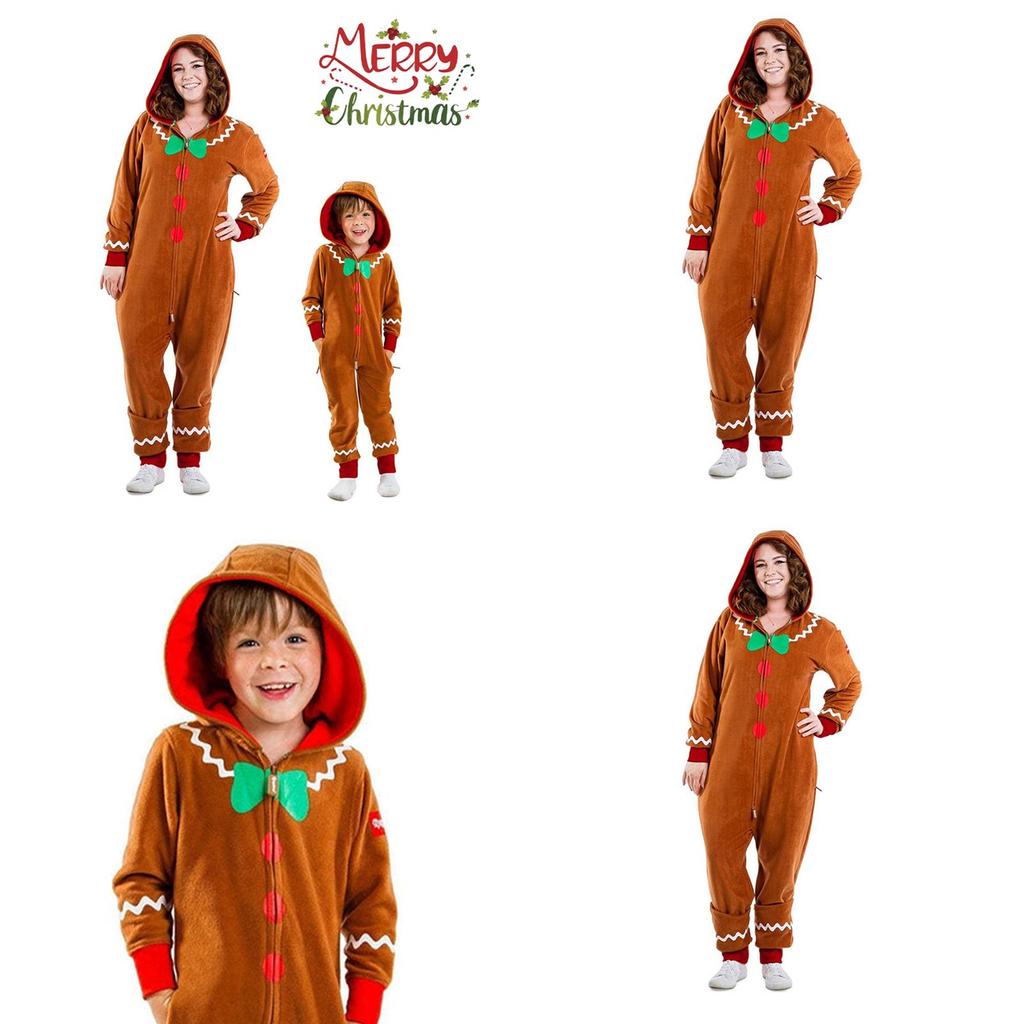 Unisex Cosplay Xmas Party Clothes Christmas Gingerbread Man Costume Hooded Jumpsuits