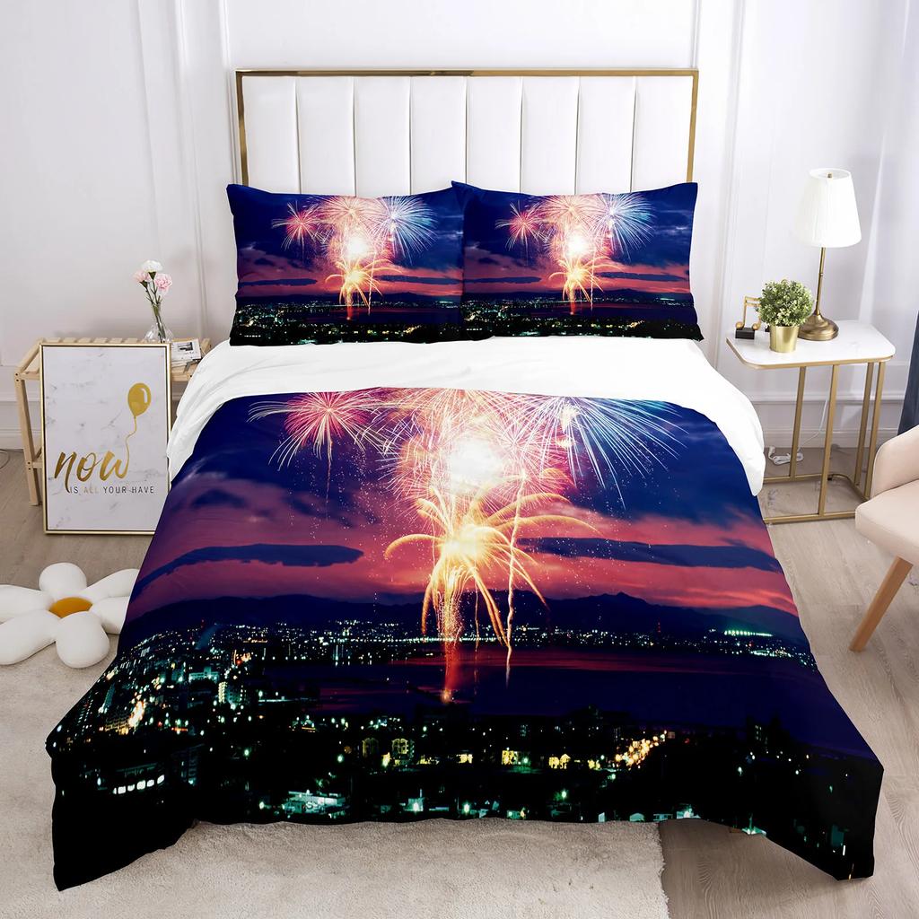 Colourful Fires Bedding Set Washed Cotton Firework Duvet Cover Queen Size Celebrate Merry Christmas Theme Soft Comforter Cover