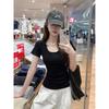 Damen Slim Fit Kurzarm T-Shirt Lässig U-Ausschnitt Einfarbig Basic Oberteil Weich Dehnbar Tägliches T-Shirt