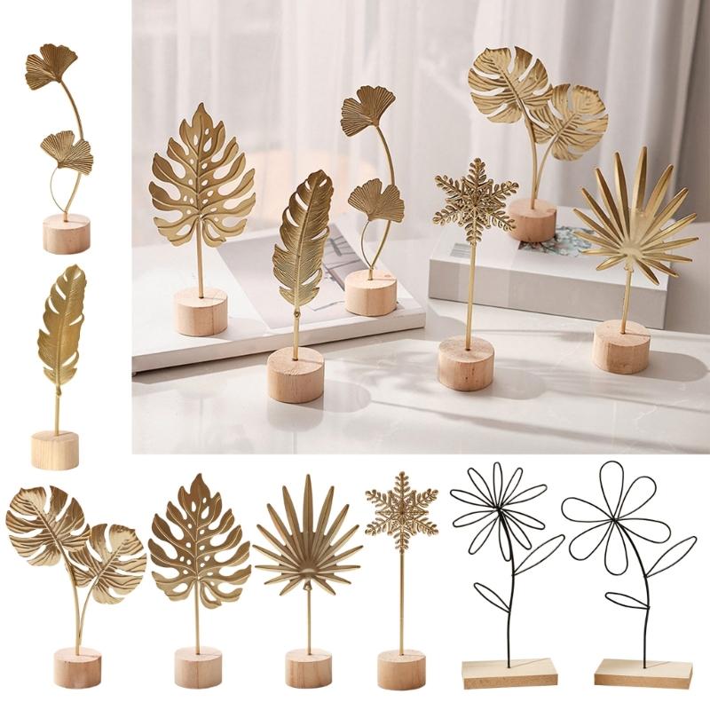 Nordic Iron Art Ginkgo Leaf Statue Sculpture with Wood Base Desktops Decorations Home Living Room Book Shelf Ornament