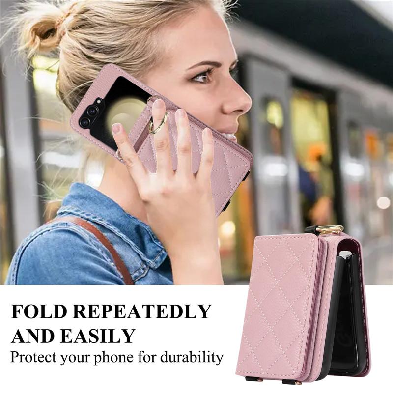 Husă pentru telefon cu suport din piele pentru Samsung Galzxy Z Flip 5 4 3 Husă pentru carte de portofel cu inele Flip5 Flip4 Flip3 Geantă cu șnur