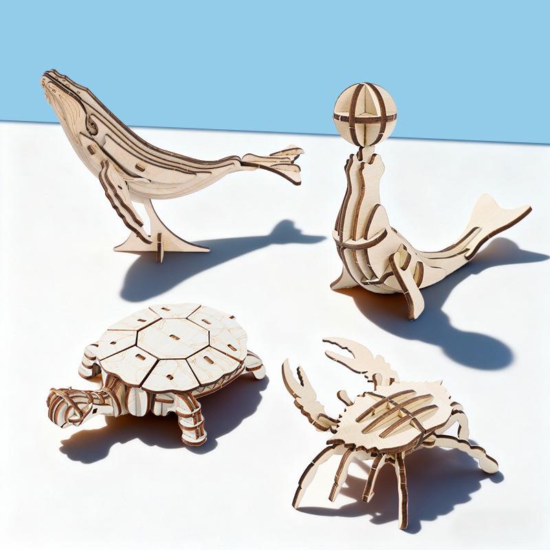 3D Ocean World Wooden Puzzle: Dolphin & Turtle DIY Assembly for Kids