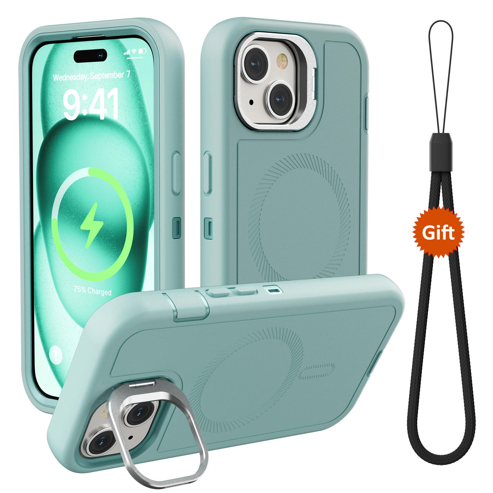 

For iPhone 15 Plus Magnetic Case Lens Kickstand 3 in 1 Detachable TPU+PC Phone Back Cover with Lanyard Cyan