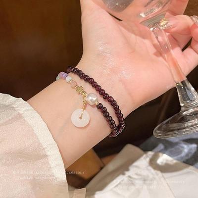 Elegantní dvouvrstvý korálkový náramek s granáty pro ženy: Čínský retro styl stohovatelné šperky