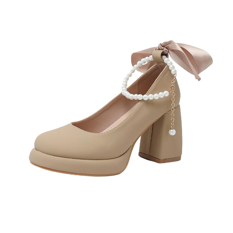 Spring new Mary Jane shoes women's college style thick heel pearl versatile word with large size women's shoes