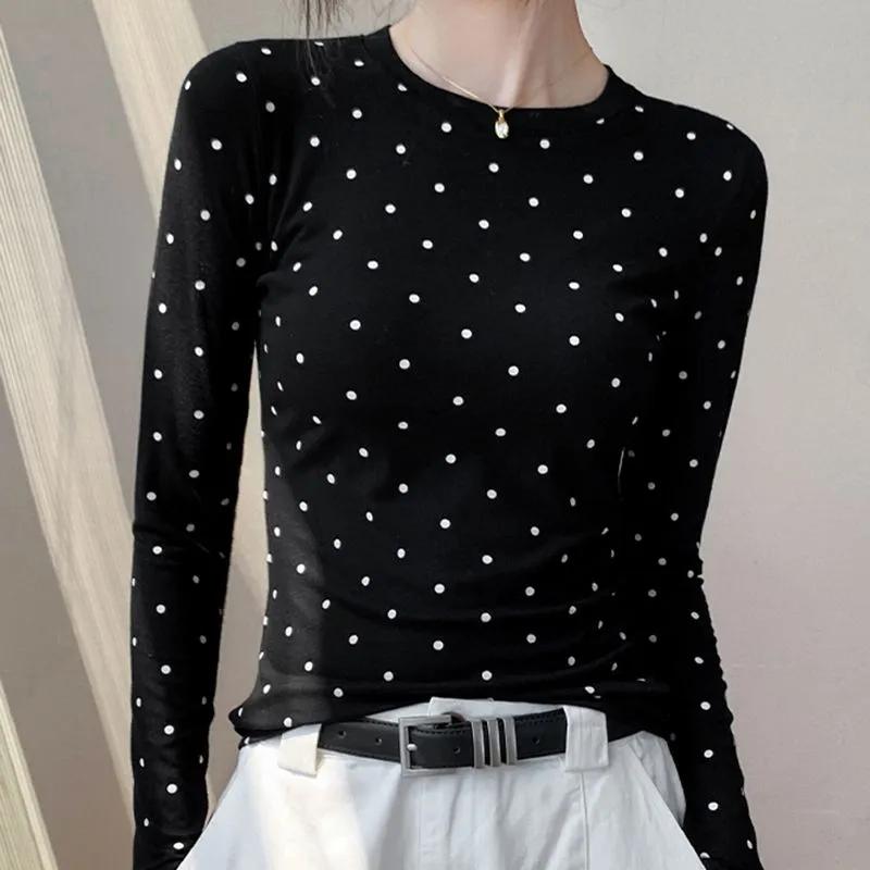 Korean Style Round Neck Polka Dot Long Sleeve T-shirt for Women Autumn Winter New Slim Fit Inner Layering Shirt Top