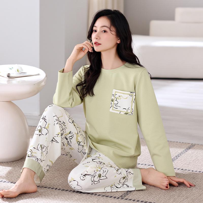 Pajamas Women'S Pure Cotton Long-Sleeved Cotton Round Neck Can Be Worn Outside Casual Loungewear Set