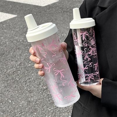Plastic Straw Cup Bowknot Plastic Cups Drinkware Water Bottle  Juice Milk
