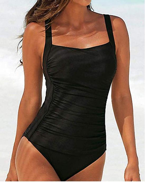 New swimsuit one-piece swimsuit sexy solid color shoulder strap women s swimsuit S чёрный