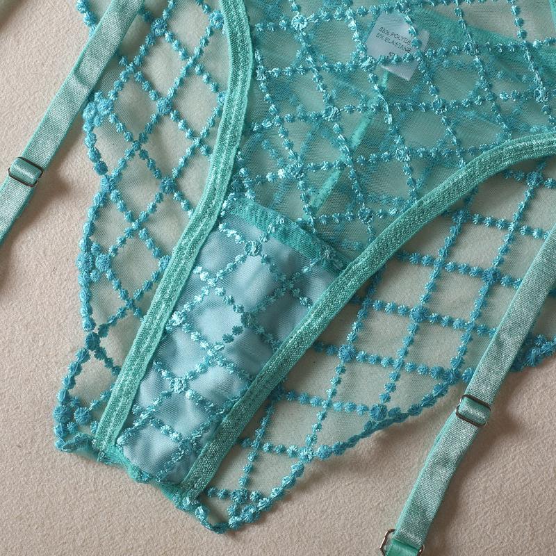 Lake Blue Embroidered Sling Bra Set: Trendy European and American 3-Piece with Steel Support