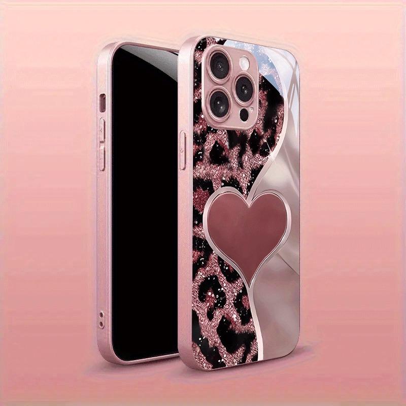 Pink Leopard Heart Pattern Metallic Paint Glass Hard Phone Case For iPhone 17 Air 17 16 15 14 13 12 11 Pro Max Plus 16E Cover