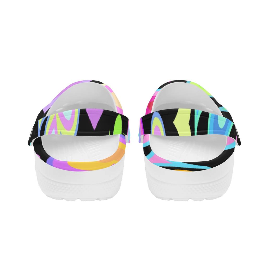 White EVA Clogs with Rainbow Feather Print, Lightweight Slip On Garden Shoes, Breathable Beach Sandals, Indoor Outdoor Slippers for Men Women