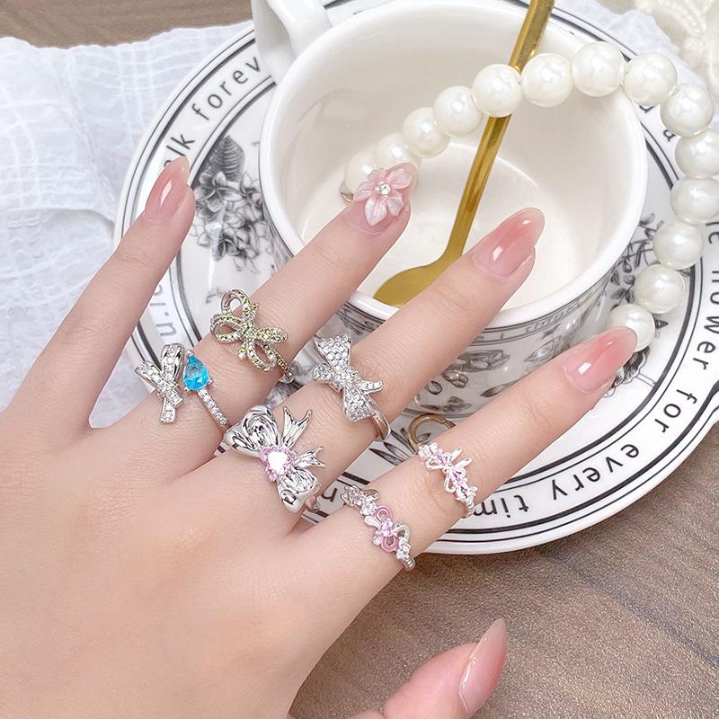 [Knot Dream] Full Diamond Bow Colored Treasure Zircon Stacked Ring Sweet Niche Light Luxury High-End Ring