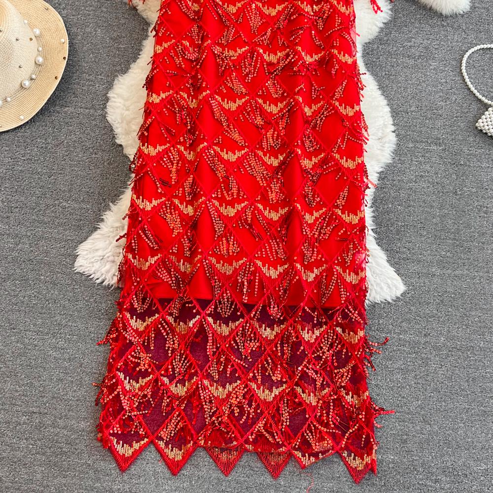 Elegant Summer A-line Sequin Tassel Dress - Short Sleeve, Round Neck, Loose Fit